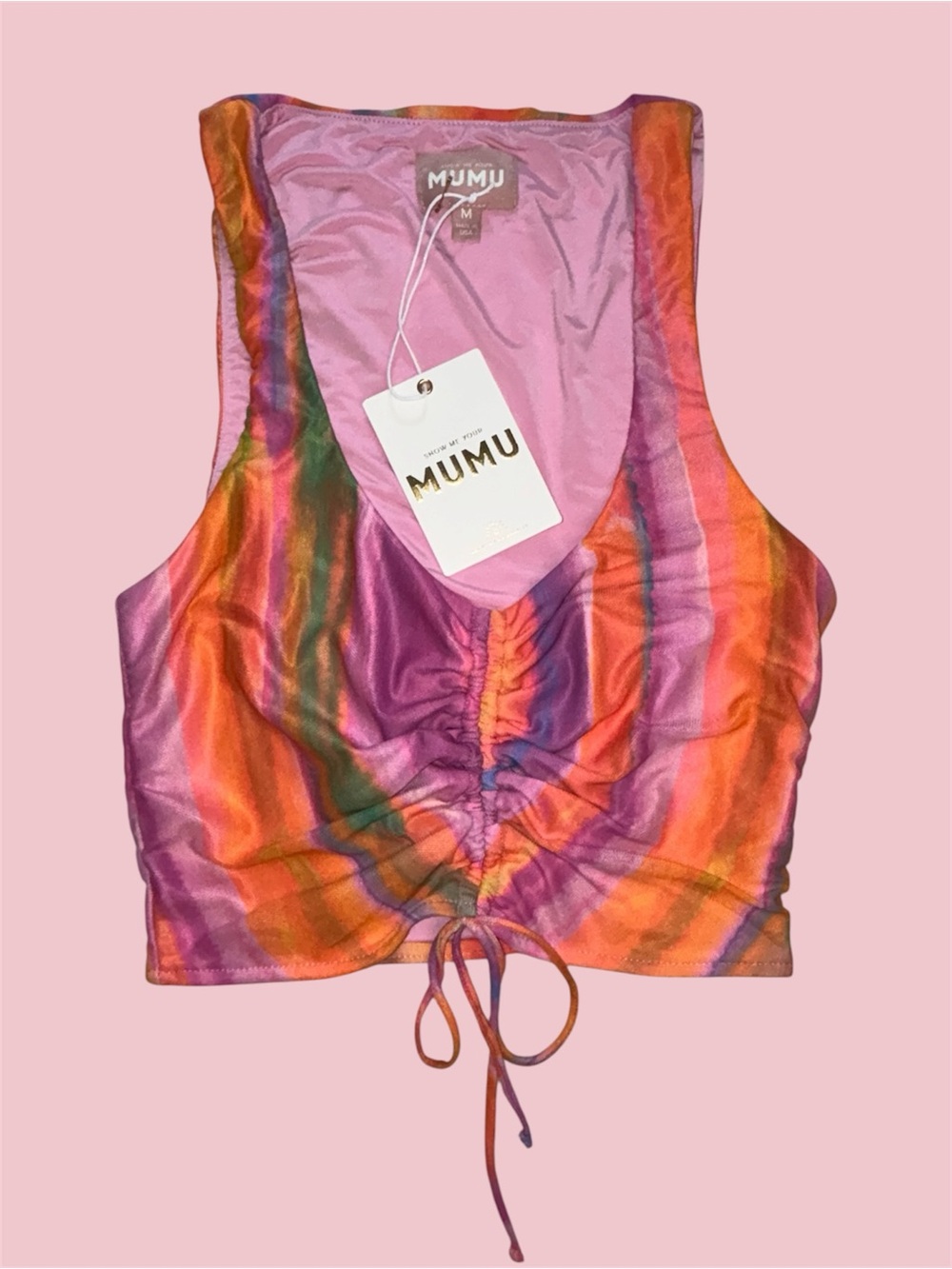 Show Me Your Mumu Hazy Tie Front Crop Top in Pink & Orange Watercolor